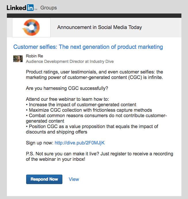 LinkedIn Group announcement example LinkedIn Group announcement example