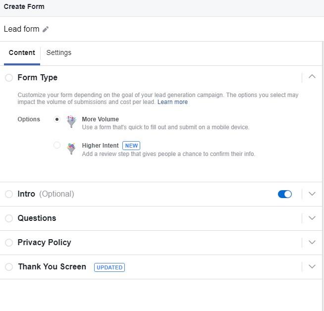facebook lead generation form