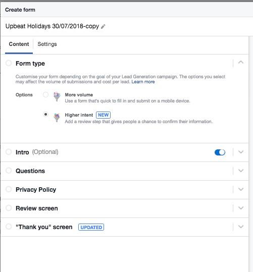 Facebook lead ads create form