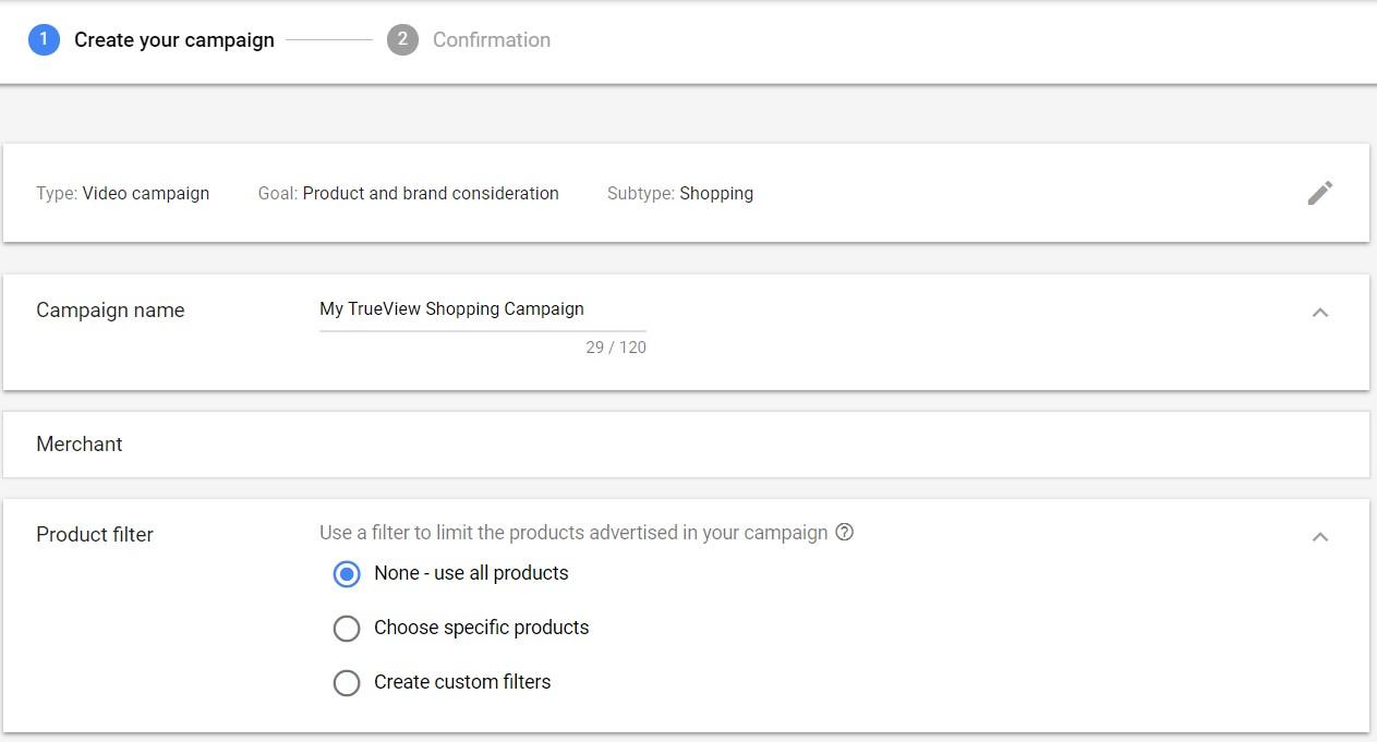 TrueView for Shopping create campaign