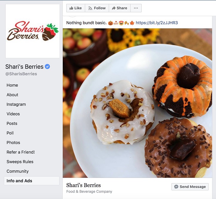 Facebook ad transparency ecommerce strategy Shari's Berries page