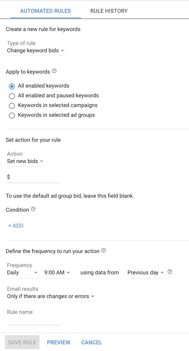 Google Ads automated rule builder