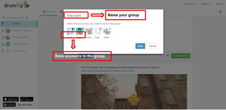Manage social media accounts DrumUp
