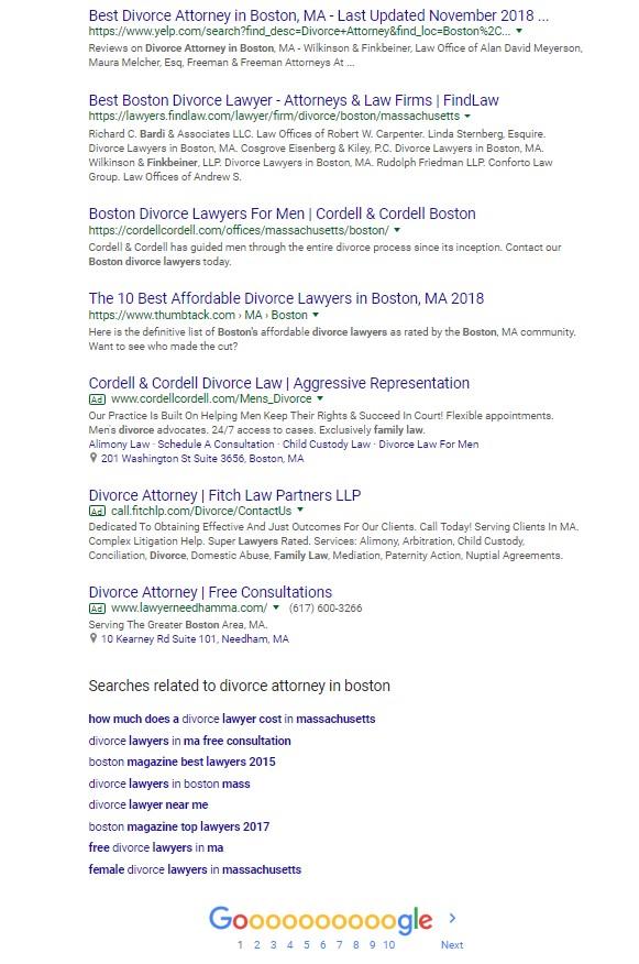 bids versus budget bottom of the SERP for "divorce attorney in boston"