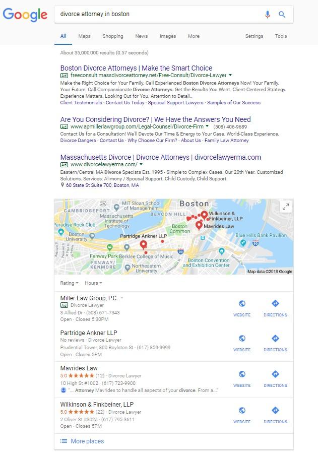 bids versus budget SERP for "divorce attorney in boston"