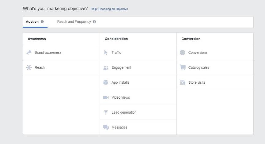 Facebook objectives selection