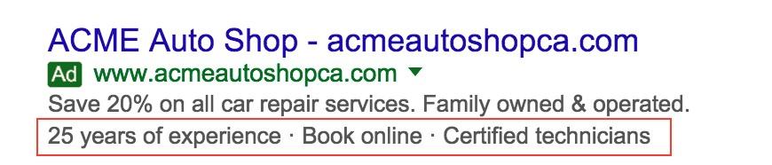 automated ad extensions example of a callout