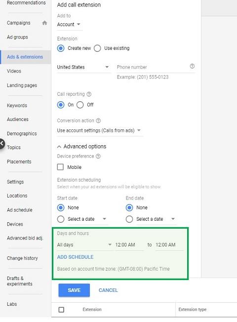 automated ad extensions scheduling for extensions