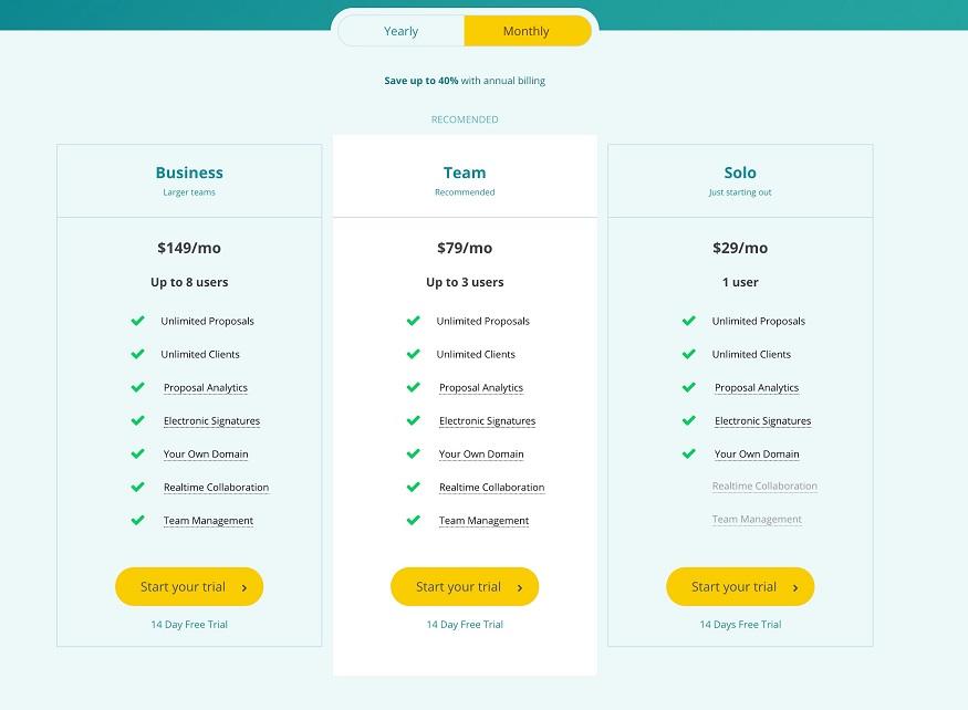 proposal generator tool Bidsketch pricing plans