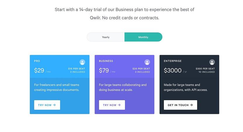 proposal generator tool Qwilr pricing plan