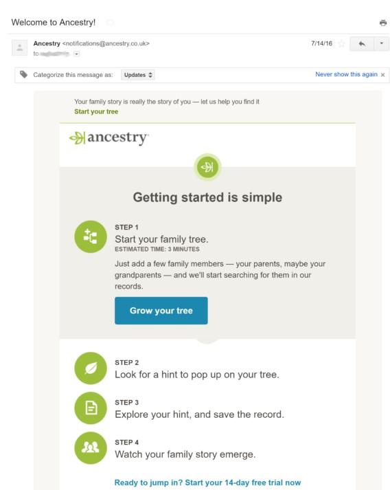 welcome email example from Ancestry.com