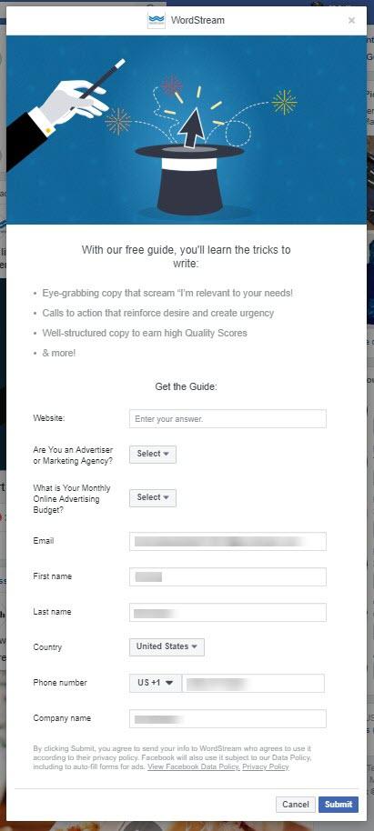 Facebook lead ad WordStream form