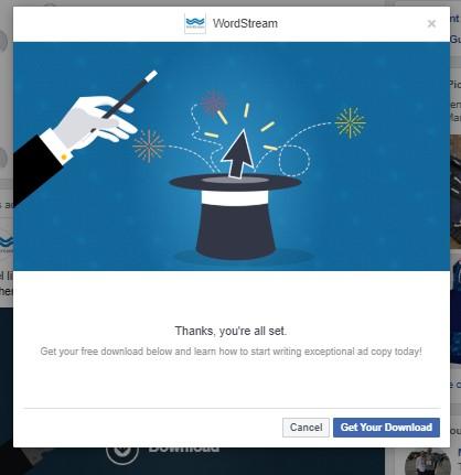 Facebook lead ad WordStream's "thank you" page