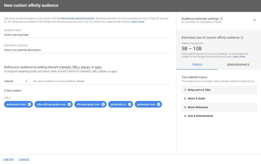 Google Display network placements affinity audience