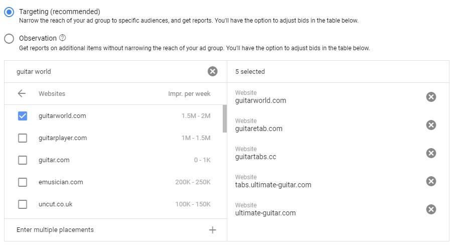 Google Display network placements targeting