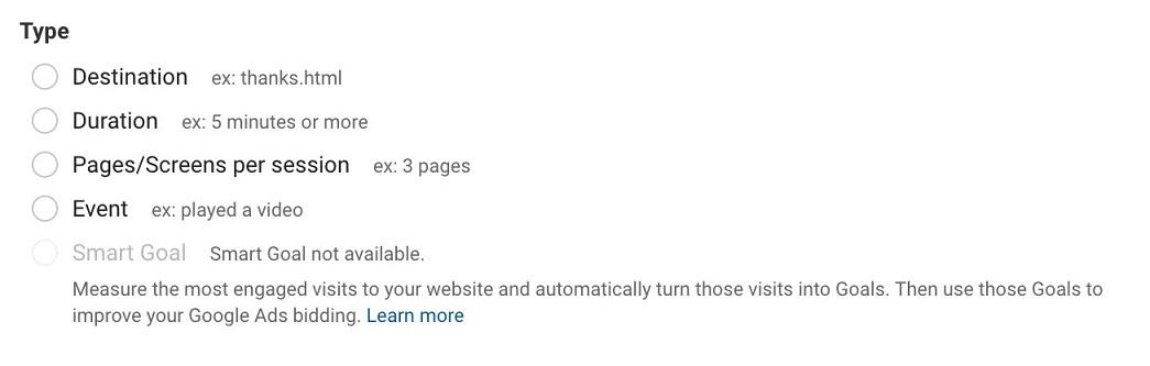 select goal type in Google Analytics