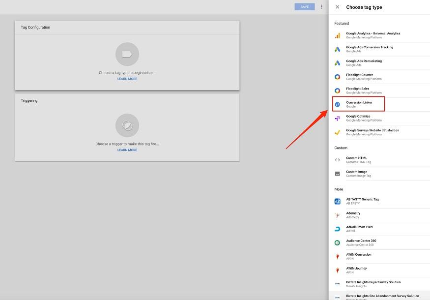 Google Tag Manager configuration menu