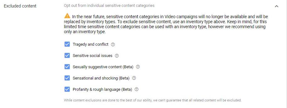 excluded content for YouTube placements