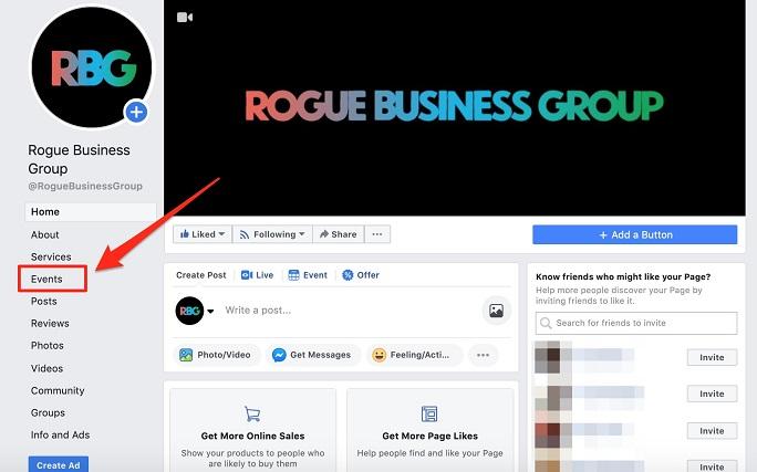 business page view with "Events" in left nav