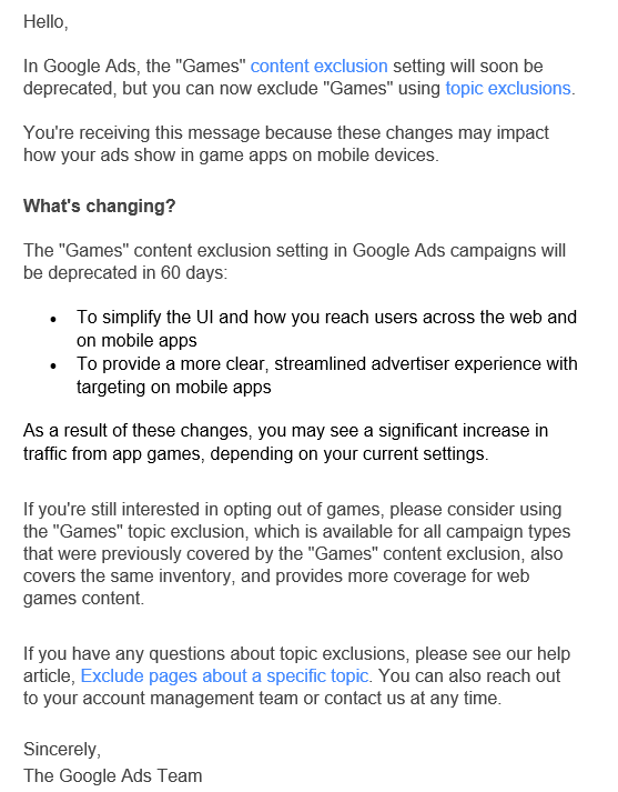 google-sunsets-games-exclusion-email-to-advertisers