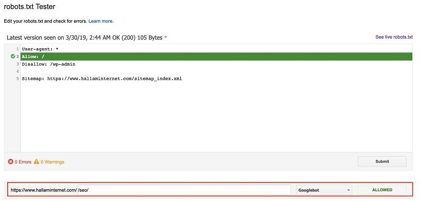 robot.txt file test in Google Search Console
