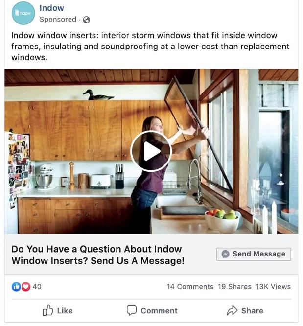 Facebook sales funnel CTA example from Indow