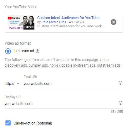YouTube call-to-action extension setup view