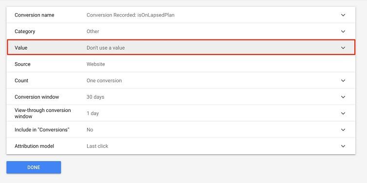 conversion value "don't use value" view