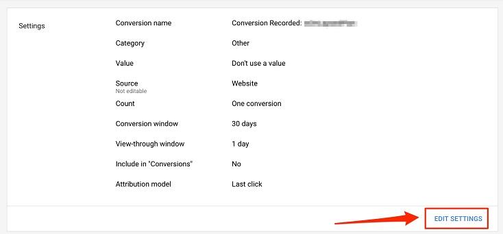 select "edit settings" to create conversion value