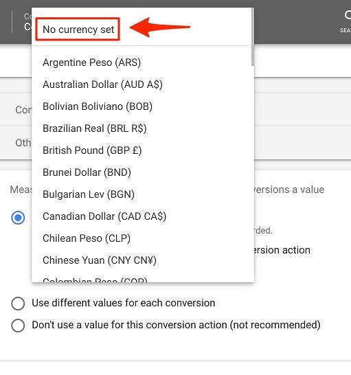 "no currency" set choice in Google Ads