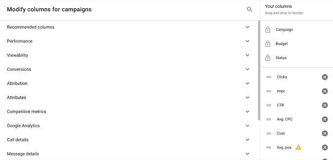 Google Ads modify columns