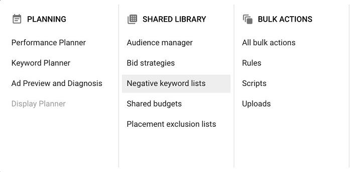 negative keyword list option