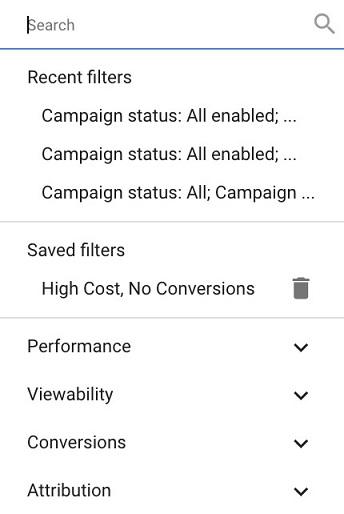 Google Ads "save fitler" screen
