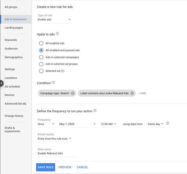 Google Ads branded search campaign view