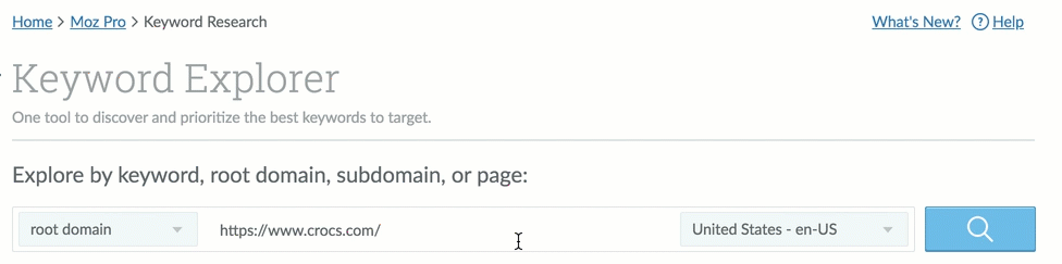 Animated gif of using Keyword Explorer to search crocs.com