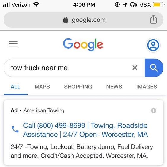 Google call-only ad example with headlines
