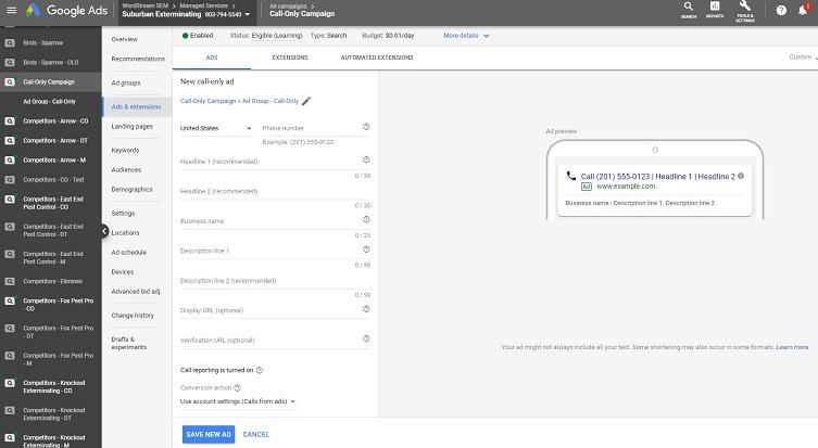 Google Ads platform view of call-only ad