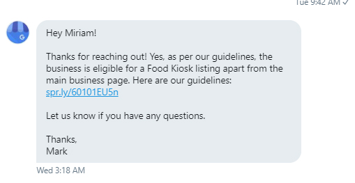 Twitter DM from Google rep: kiosks are able to create listings, as per guidelines Twitter DM from Google rep: kiosks are able to create listings, as per guidelines