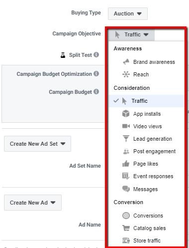 Facebook buying type options