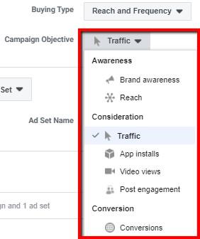 Facebook campaign objectives options