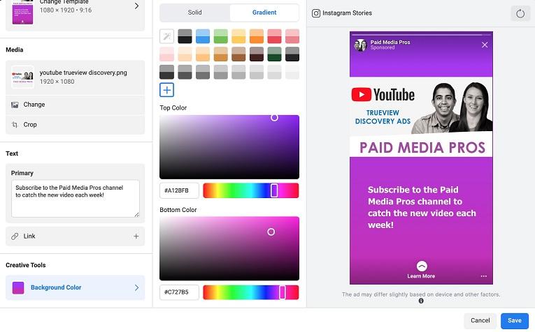 Facebook ad placements background color with gradient