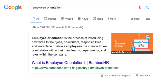 Featured snippet won for "employee orientation"