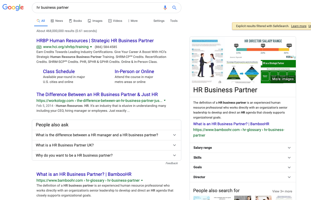 Featured snippet won for "hr business partner"