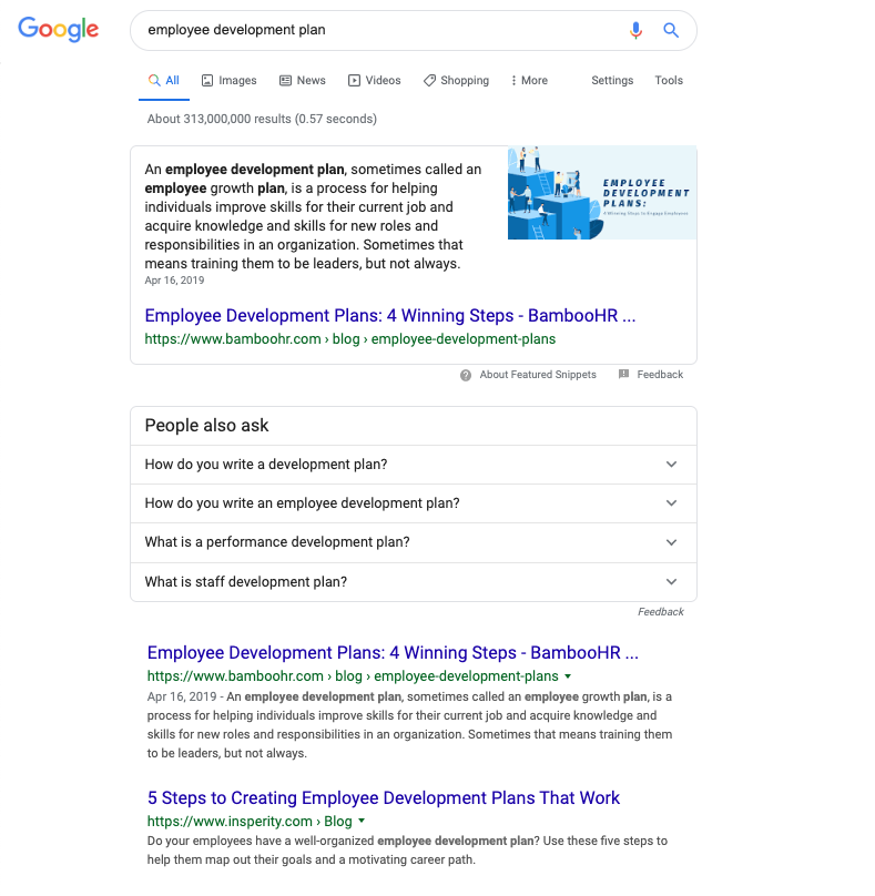 Featured snippet won for "employee development plan"