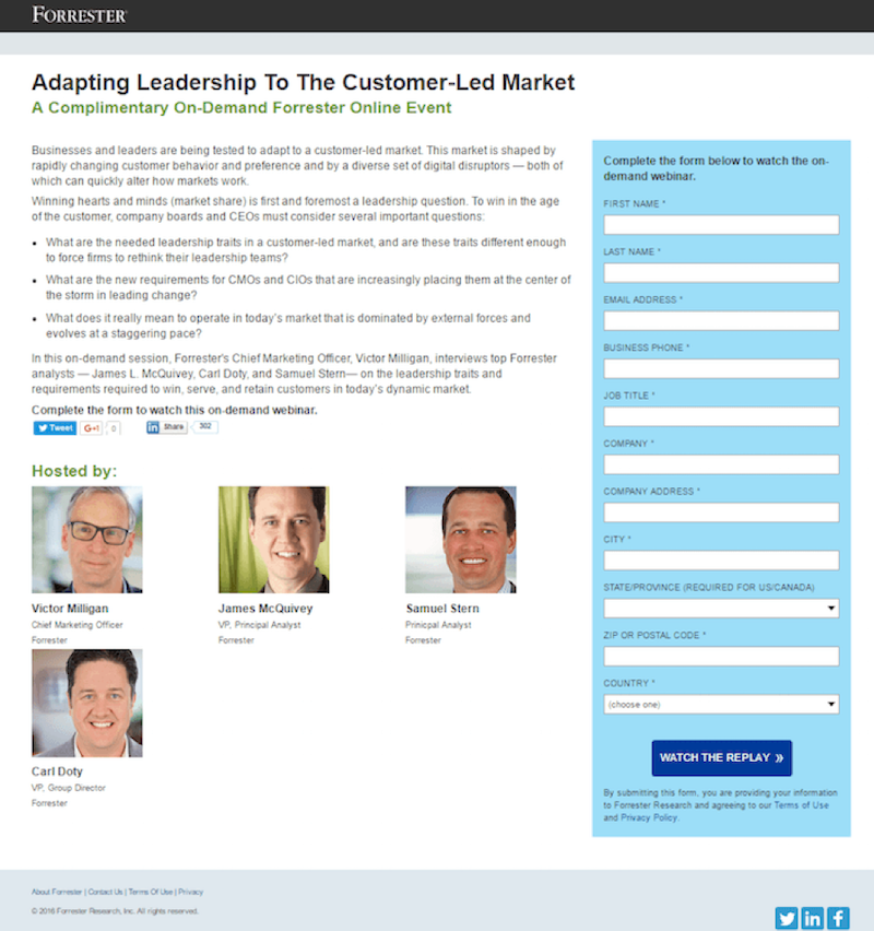 better webinar landing pages forrester example
