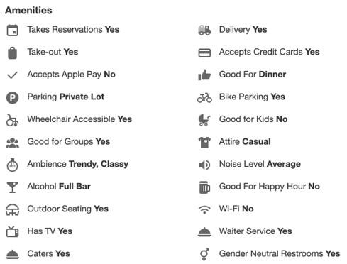 Yelp amenities