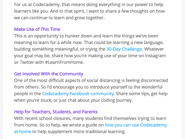 marketing copywriting covid 19 example codeacademy