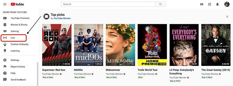 YouTube Live section on the homepage