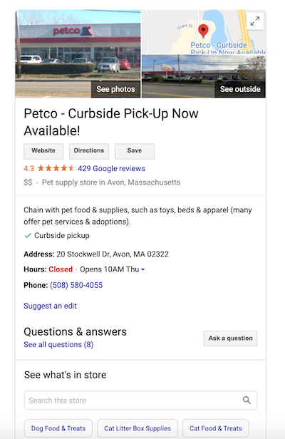 SMB SEO strategies during COVID-19 GMB PETCO curbside