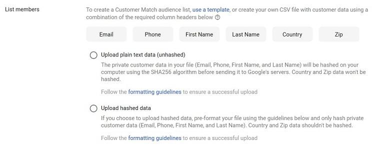 Google's Customer Match list member options